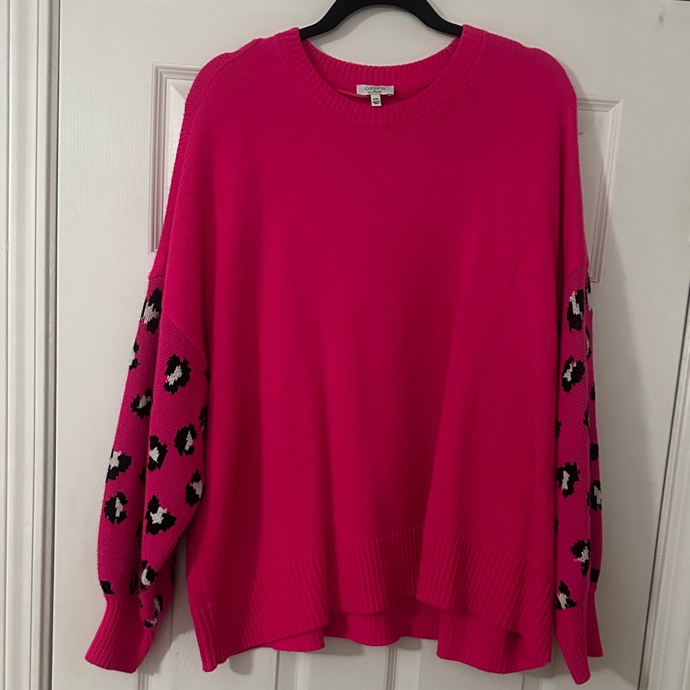 Bold Pink Sweater with Leopard Print Sleeves